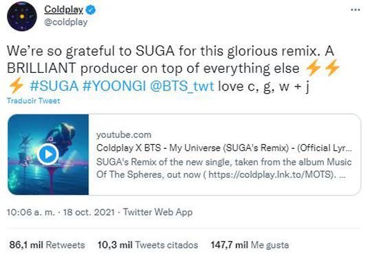 Suga lanzó un remix de My Universe de BTS y Coldplay Catamarca