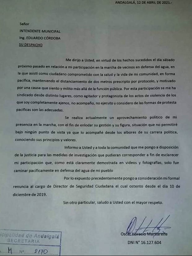 Renunció el funcionario de Andalgalá Martiarene tras las criticas de participar en la manifestación anti minera