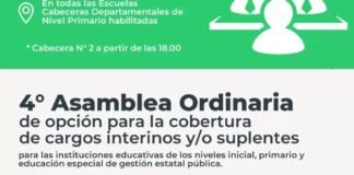 Se realizará la 4° Asamblea Ordinaria de opción para cubrir cargos de nivel inicial, primario y educación especial