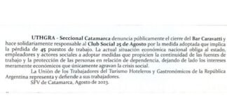 El gremio UTGHRA denunció públicamente el cierre de bar Caravatti