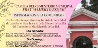 Nuevo horario y días de Misas en la Capilla del Cementerio Municipal de la Capital