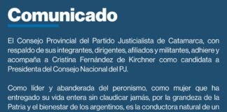 El Partido Justicialista de Catamarca adhiere y acompaña la candidatura de CFK para presidir el Consejo Nacional del PJ