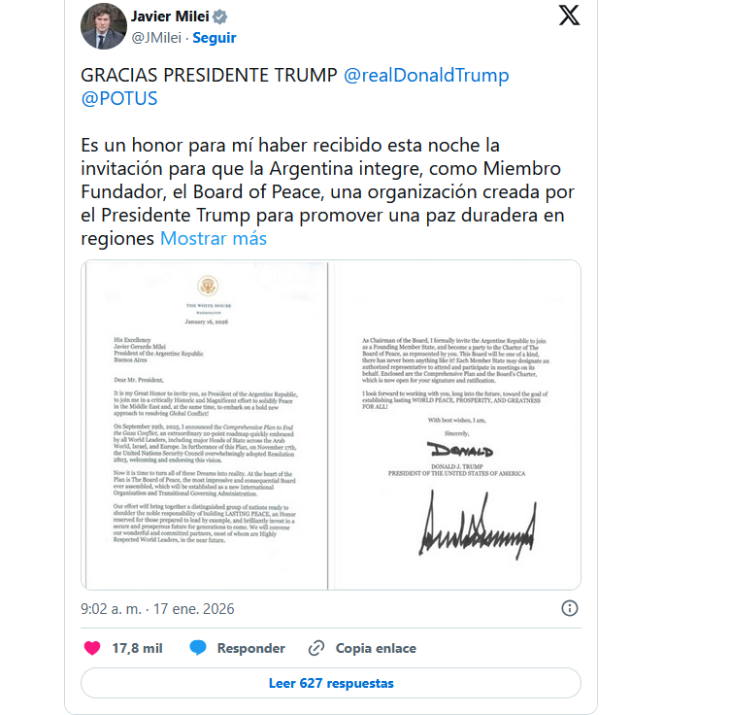 Javier Milei fue invitado por Trump a integrar un nuevo organismo internacional de paz y se refuerza el vínculo entre los países