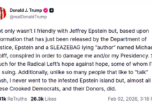 Donald Trump negó haber ido «a la infecta isla de Epstein» y prometió iniciar acciones legales